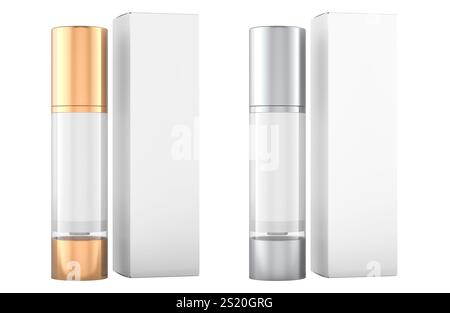 Prodotti cosmetici per la cura della pelle con scatole di imballaggio e modello di mockup. Rendering 3D isolato su sfondo bianco Foto Stock