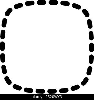 Scoiattolo tratteggiato o quadrato con bordi arrotondati. Forma geometrica semplice con linea cucita isolata su sfondo bianco. Tagliare qui il pittogramma. Illustrazione grafica vettoriale. Illustrazione Vettoriale
