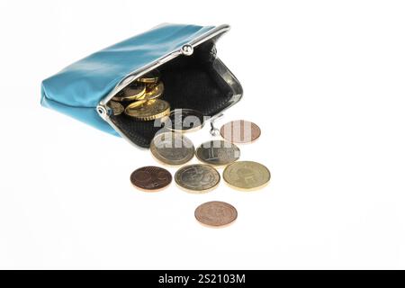 Un portafoglio con banconote e monete in euro. Su uno sfondo bianco l'Austria Foto Stock