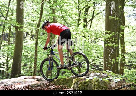 Sportivo senior con mountain bike nella foresta austriaca Foto Stock