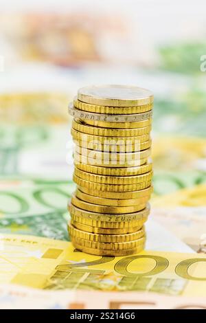Una pila unica di monete, foto simbolica per la pianificazione finanziaria, gli investimenti finanziari, gli investimenti Austria Foto Stock