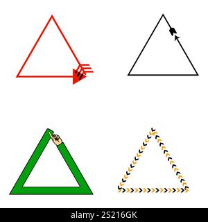 Icone a forma di freccia triangolo. Grafica con frecce geometriche. Design vettoriale semplice. Forme triangolari colorate. Illustrazione Vettoriale