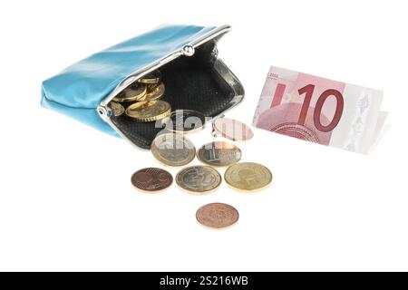 Un portafoglio con banconote e monete in euro Austria Foto Stock