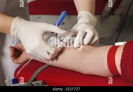 Infermiere e paziente che prelevano campioni di sangue. Sangue donato in campioni di sangue di laboratorio, infermiere e paziente. Ha donato sangue nel laboratorio del sangue. Austria Foto Stock