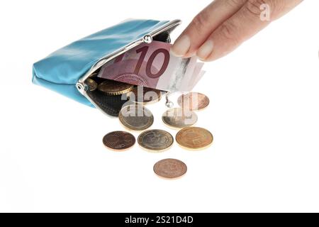 Un portafoglio con banconote e monete in euro Austria Foto Stock