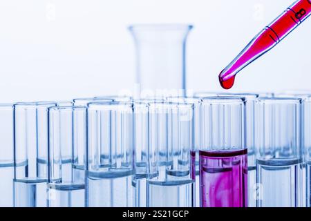 Molte provette durante un esperimento in un laboratorio di ricerca universitario. Foto simbolica per l'apprendimento e la ricerca. Austria Foto Stock