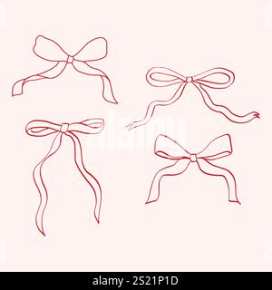 Set di nastri ad arco in coquette, disegnati a mano in stile line art; illustrazione vettoriale isolata. Illustrazione Vettoriale