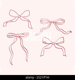 Set di nastri a fiocco disegnati a mano con elementi di design in coquette Y2K; illustrazione vettoriale isolata perfetta per la moda Illustrazione Vettoriale