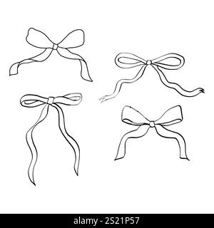 Set di nastri a fiocco disegnati a mano con elementi di design in coquette Y2K; illustrazione vettoriale isolata perfetta per la moda Illustrazione Vettoriale