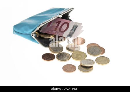 Un portafoglio con banconote e monete in euro Austria Foto Stock