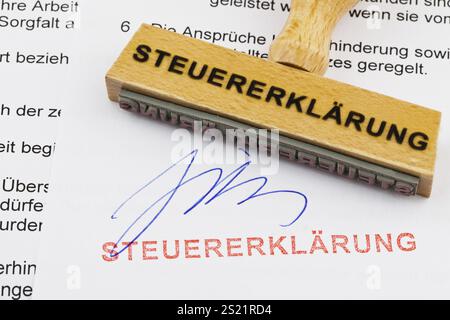 Un timbro di legno giace su un documento. Iscrizione tedesca: Steuerklaerung Austria Foto Stock