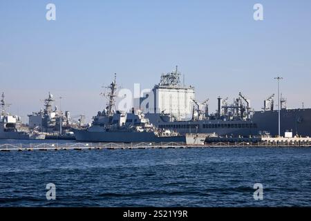 San Diego, California, Stati Uniti. 21 dicembre 2024. Una vista della flotta navale attraccata al porto di San Diego, con la USS Stockdale (DDG-106), un cacciatorpediniere missilistico guidato della classe Arleigh Burke, insieme a navi di supporto e rifornimento. La gamma diversificata illustra la struttura logistica e operativa della Marina degli Stati Uniti, mostrando sia la prontezza al combattimento che le capacità di rifornimento. Lo sfondo include altre navi, sottolineando la portata e la complessità delle operazioni navali in una delle più grandi basi navali del mondo. (Credit Image: © Ian L. Sitren/ZUMA Press Wire) SOLO PER USO EDITORIALE! N Foto Stock