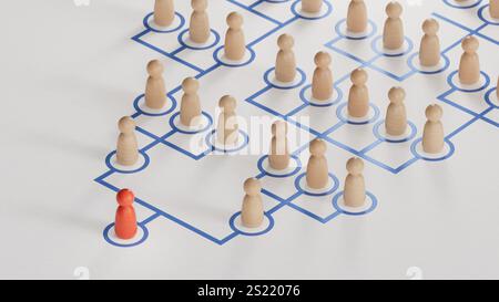 Illustrazione 3D di pedine che mostrano il principio dell'informazione e della propagazione dell'influenza nei social network.rendering 3D su sfondo bianco. Foto Stock