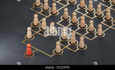 Illustrazione 3D di pedine che mostrano il principio dell'informazione e della propagazione dell'influenza nei social network.rendering 3D su sfondo nero. Foto Stock