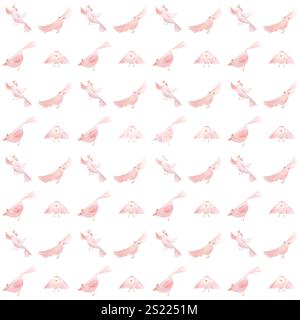 Uccelli rosa che volano, cantano, guardano, personaggio dei cartoni animati, acquerello dipinto a mano motivo senza cuciture isolato su bianco. Clip art di alta qualità ideali per Foto Stock