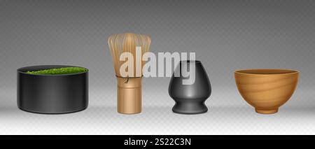 Tradizionale cerimonia del tè matcha - ciotola di ceramica scura con polvere verde, frusta di bambù, banco a carbone e recipiente per bere argilla. Apparecchiature vettoriali 3d realistiche per l'autentica preparazione del tè giapponese. Illustrazione Vettoriale