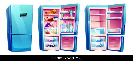 Moderno frigorifero a cartoni animati - elettrodomestico blu chiuso, unità aperta rifornita di generi alimentari, vista sugli scaffali vuoti. Attrezzature da cucina per interfaccia di gioco, grafica di app mobili o design di libri di cucina digitali. Illustrazione Vettoriale