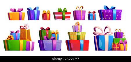Pile di confezioni regalo. Confezioni colorate confezionate con fiocchi e nastri: Singoli articoli e cumuli impilati. Pacchetti natalizi con cartoni animati decorati con stelle, motivi a righe per festeggiare, design natalizio Illustrazione Vettoriale