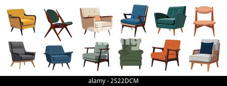 Set di diverse poltrone vintage della metà del secolo. Illustrazione Vettoriale