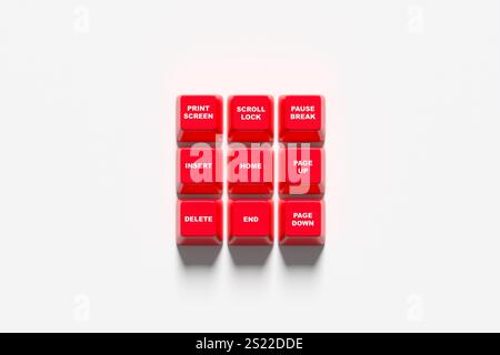 Tasti rossi di navigazione e modifica della tastiera del computer su sfondo bianco. Rendering 3D. Foto Stock