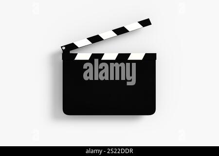 Lavagna aperta su sfondo bianco che simboleggia la produzione cinematografica, la produzione video e la cinematografia. Rendering 3D. Foto Stock
