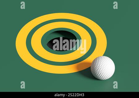 Successo, precisione, raggiungimento degli obiettivi. Sport da golf. La palla da golf bianca si sta muovendo verso una buca su un putting green con un bersaglio giallo. rendering 3d. Foto Stock