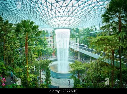 Cascata a vortice di pioggia che si getta all'interno del gioiello dell'aeroporto changi di singapore, circondato da piante e alberi tropicali Foto Stock
