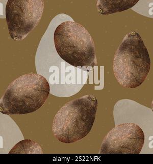 Motivo avocado acquerello. Motivo senza cuciture con avocado Hass marrone. Design per confezionamento di alimenti, menu e cancelleria. Avocado su un reticolo Foto Stock