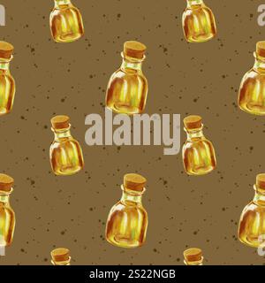 Una bottiglia di olio di avocado. Motivo avocado acquerello. Motivo senza cuciture con una bottiglia di olio su sfondo marrone di blot di acquerello. Design per il cibo Foto Stock