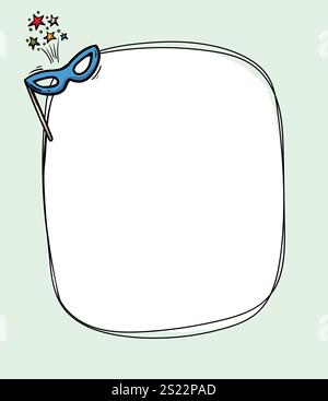 Modello luminoso per biglietti d'auguri vettoriali con maschera di carnevale e fuochi d'artificio. Cornice per foto, testo. Design della pagina del blocco note Illustrazione Vettoriale