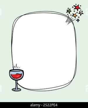 Luminoso modello di biglietto d'auguri vettoriale con fuochi d'artificio e bicchiere di vino. Cornice per foto, testo. Design della pagina del blocco note Illustrazione Vettoriale