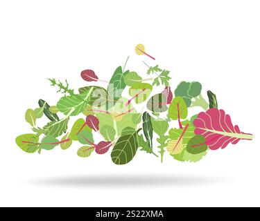 Mix di foglie di insalata. Motivo di foglie grezze verdi rosso cartone animato su bianco. Rucola, spinaci, foglie di lattuga, crescione. Ingredienti vitaminici organici Illustrazione Vettoriale