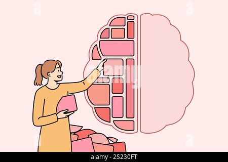 La donna struttura la conoscenza sotto forma di blocchi all'interno del cervello per migliorare i processi cognitivi e semplificare la memorizzazione. Girl è impegnata nella strutturazione delle conoscenze ottenute dalla lettura di libri e libri di testo Illustrazione Vettoriale