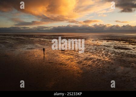 Passeggiata sulla spiaggia al tramonto. Foto Stock