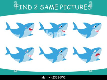 Trova le stesse immagini. Gioco educativo per bambini con cartoni animati divertente squalo. Scegli due squali identici, animali emotivi dell'oceano, illustrazioni vettoriali Illustrazione Vettoriale
