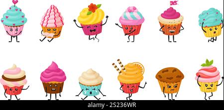 I personaggi dei cupcake. Carini cartoni animati cupcake emozioni diverse. Muffin positivi con facce e cappelli cremosi. Caratteri vettoriali neoterici isolati per prodotti da forno Illustrazione Vettoriale