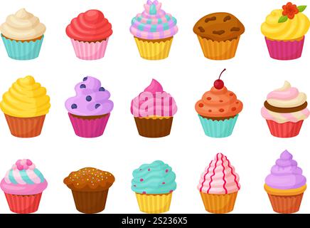 Cupcake dei cartoni animati. Cupcake dolce diverso con cappelli cremosi e decorazioni. Dessert da forno, muffin al cioccolato e vaniglia, set vettoriale neoterico Illustrazione Vettoriale