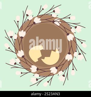 Conchiglia crepata nel nido con ramoscelli in fiore in tonalità morbide e alla moda. Concetto di design per il saluto pasquale. Illustrazione vettoriale isolata schede tematiche, pubblicazione, blog o opuscoli promozionali Web, banner, prezzo Illustrazione Vettoriale