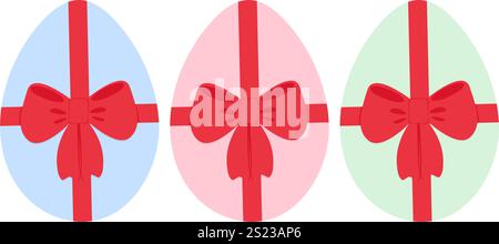 Uova di Pasqua colorate con fiocco rosso. Set di concept 3 elementi di design natalizi per il saluto di Pasqua. Illustrazione vettoriale isolata schede tematiche, pubblicazione o opuscoli promozionali Web, banner, etichetta prezzo, etichette Illustrazione Vettoriale