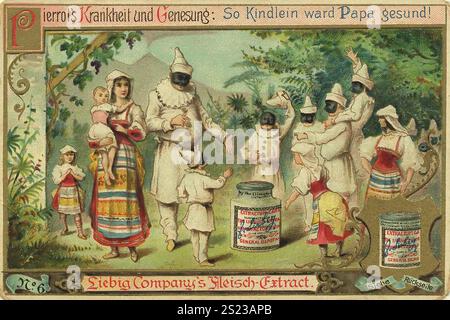 Serie Healing of Pierrot Through Liebig Meat Extract, Pierrot's disease and recovery, as the Children were healthy, papà, Liebig picture, digitalmente restaurata riproduzione di un quadro da collezione del 1900 circa, pubblico dominio, data esatta sconosciuta, Pierrots celebrano con una famiglia, un bambino tiene l'estratto di Liebig prima del festival, serie Heilung des Pierrot durch Liebig Fleischextrakt 1900, Pierrots Krankheit und Pierrots feiern mi Foto Stock