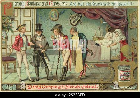 Serie Healing of Pierrot Through Liebig Meat Extract, Pierrot's disease and recovery, the disease has taken of him bad, Liebig picture, digitalmente restaurata riproduzione di un'immagine collettiva del 1900 circa, pubblico dominio, data esatta sconosciuta, uomini in costume visitare un uomo malato in una camera da letto, serie Heilung des Pierrot durch Liebig Fleischextrakt, Pierrots Krankheit und Genesung, arg Hat die Krankheit, 1900 Männer in Kostümen besuchen einen kranken Mann in einem Schlaf Foto Stock