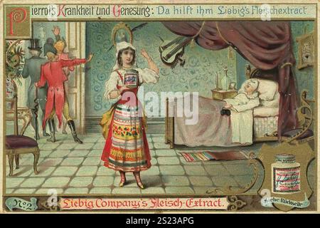 Serie Healing of Pierrot Through Liebig Meat Extract, Pierrot's Disease and recovery, Liebig's Meat Extract lo aiuta, Liebig picture, digitalmente restaurata riproduzione di un quadro da collezione del 1900 circa, pubblico dominio, data esatta, incognita, malattia e guarigione di Pierrot, la malattia lo ha afferrato male, data esatta sconosciuta, una donna in costume tradizionale mostra l'estratto di Liebig, un uomo malato a letto, serie Heilranung des Pierrot des Pierrot Digital restaurierte Reproduktion eines Sammelbildes von c Foto Stock