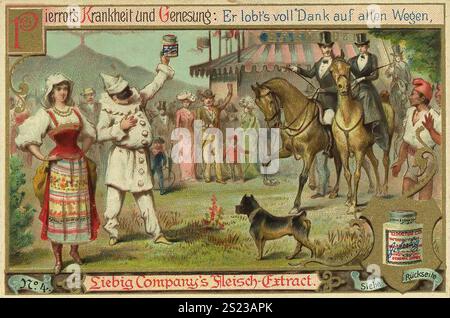 Serie Healing of Pierrot Through Liebig Meat Extract, Pierrot's disease and recovery, lo loda in gratitudine su tutti i percorsi, Liebig picture, digitalmente restaurata riproduzione di un quadro collettivo del 1900 circa, pubblico dominio, data esatta sconosciuta, Una donna in abbigliamento tradizionale tiene l'estratto di Liebig mentre un uomo lo loda, serie Heilung des Pierrot durch Liebig Fleischextrakt, Pierrots Krankheit und Genesung des Pierrots 1900 Genaues Datum unbekannt, Eine Frau in traditioneller Foto Stock