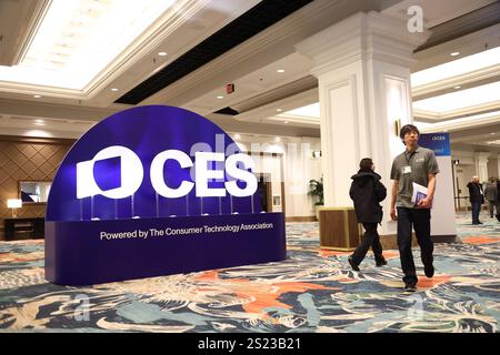 Las Vegas, Stati Uniti. 5 gennaio 2025. I partecipanti potranno raggiungere a piedi la segnaletica CES al 2025 International CES, presso il Mandalay Bay Convention Center di Las Vegas, Nevada, domenica 5 gennaio 2025. Foto di James Atoa/UPI credito: UPI/Alamy Live News Foto Stock