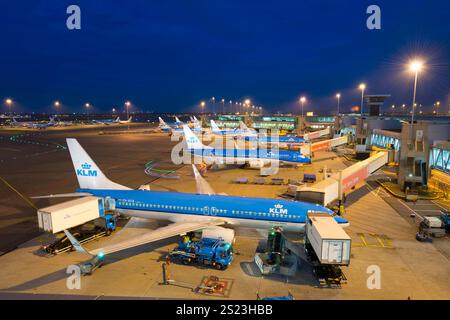 Schiphol, Paesi Bassi - Aeroporto di Amsterdam Schiphol (Luchthaven Schiphol) di notte. Di fronte ai blocchi c'è un Boeing 737 di KL Foto Stock