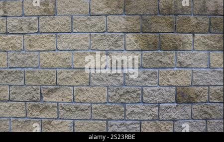 pietra di finitura decorativa sotto forma di blocchi in un frammento di un muro o di una recinzione di casa, struttura grafica in pietra con forme rettangolari Foto Stock