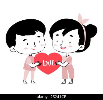 Simpatici personaggi, ragazzo e ragazza che tengono in mano un cuore. Amore. Elegante illustrazione minimalista in bianco e nero. Biglietto di San Valentino... Illustrazione Vettoriale