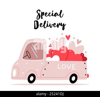 Un simpatico camion rosa retrò porta il cuore. Consegna speciale. Biglietto di San Valentino. Illustrazione Vettoriale