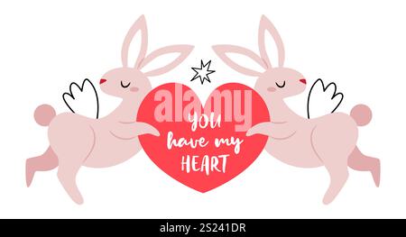 Due simpatici conigli che tengono un cuore. Tessera simmetrica di San Valentino. Illustrazione Vettoriale