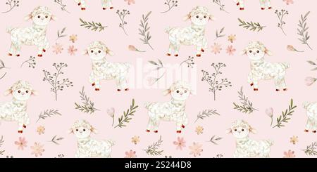 Illustrazione ad acquerello di un agnello carino, disegnato a mano in colori pastello, circondato da delicati fiori e ramoscelli verdi. Ideale per prodotti per bambini, tessuti e confezioni firmate. Foto Stock